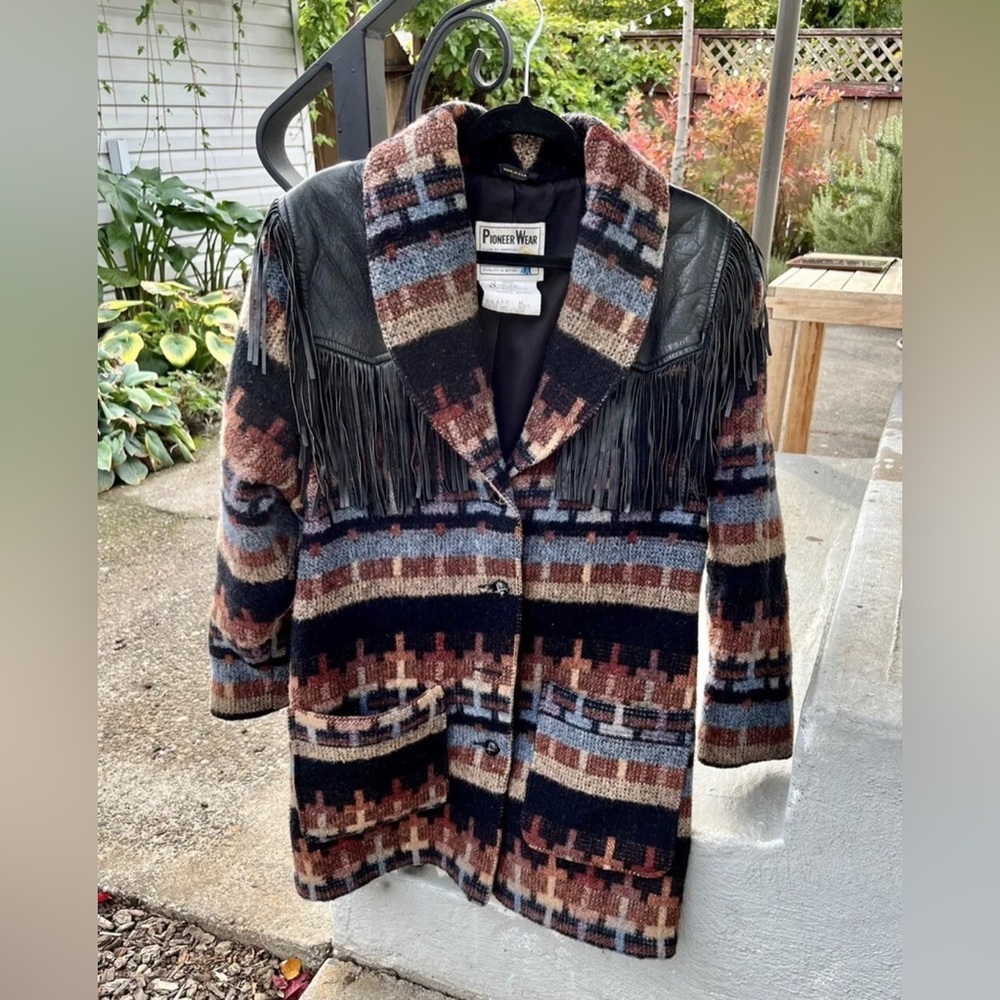Vintage 70s Pioneer Wear ABQ Southwest Wool Leather Fringe Coat Women 12